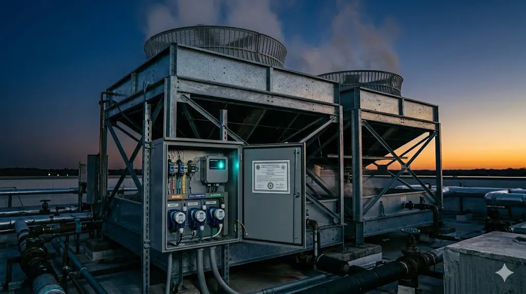 Commercial cooling tower with automated chemical treatment controller and certification placard representing ASSE 12080 certified Legionella compliance provider NJ S2188