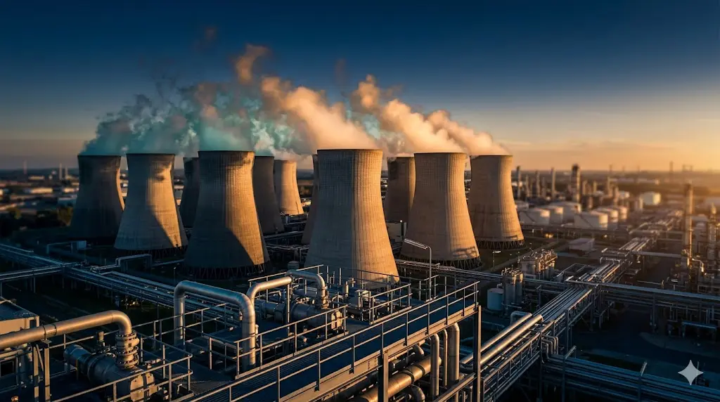 Aerial view of industrial cooling towers with steam rising at golden hour — cooling tower water treatment