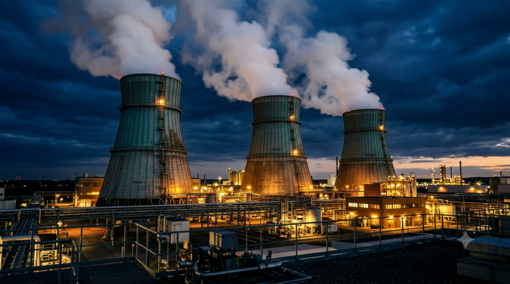 Industrial cooling towers at dusk — cooling tower Legionella program compliance facility