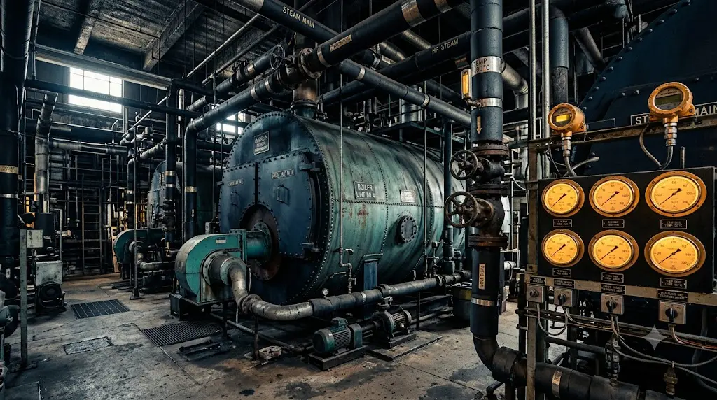 Industrial boiler system with pressure gauges — boiler blowdown program management